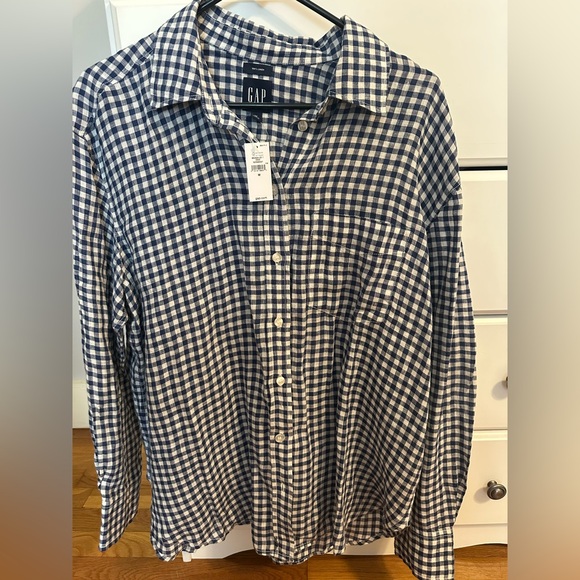 GAP Tops - GAP Navy and White Gingham Linen Button-Down Shirt